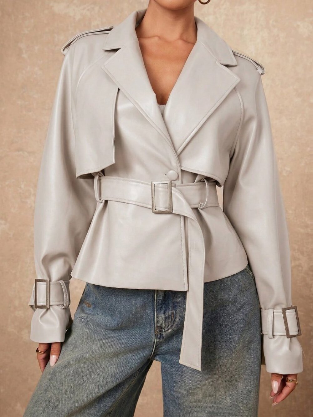 Casual Women's Front Button belted Lapel faux leather Coat - Picture 6 of 7